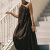 ALMA BITTER CHOC ASYM LINEN MIDI DRESS