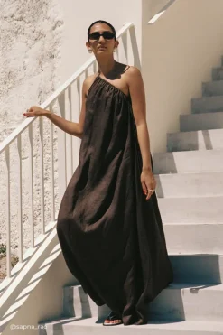 ALMA BITTER CHOC ASYM LINEN MIDI DRESS