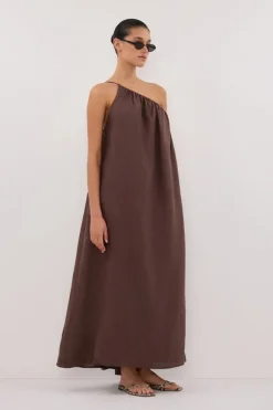 ALMA BITTER CHOC ASYM LINEN MIDI DRESS