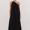 ALMA BLACK ASYM LINEN MIDI DRESS