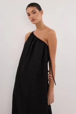ALMA BLACK ASYM LINEN MIDI DRESS