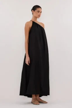 ALMA BLACK ASYM LINEN MIDI DRESS
