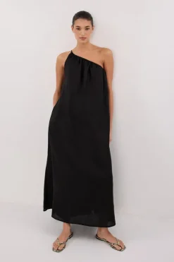 ALMA BLACK ASYM LINEN MIDI DRESS