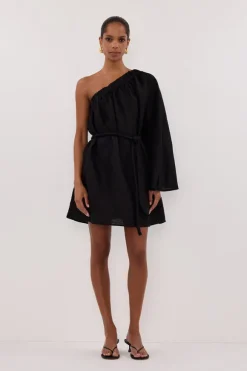 AURELIA BLACK ASYM LINEN MINI DRESS