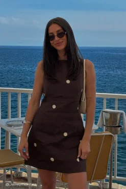 BEVERLY BITTER CHOC SPOT LINEN MINI DRESS