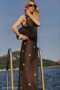 BEVERLY BITTER CHOC SPOT LINEN MIDI DRESS