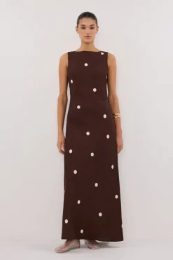 BEVERLY BITTER CHOC SPOT LINEN MIDI DRESS
