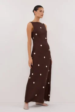 BEVERLY BITTER CHOC SPOT LINEN MIDI DRESS