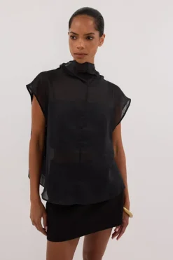 CARMEL BLACK RAMIE FUNNEL NECK TOP