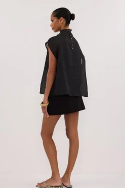 CARMEL BLACK RAMIE FUNNEL NECK TOP