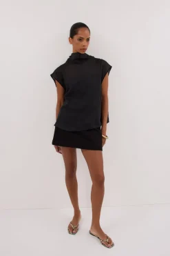 CARMEL BLACK RAMIE FUNNEL NECK TOP