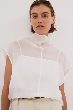 CARMEL WHITE RAMIE FUNNEL NECK TOP