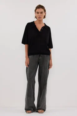 ELI BLACK POLO KNIT TOP