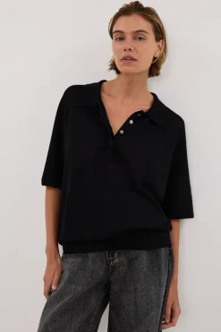 ELI BLACK POLO KNIT TOP