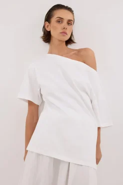 ESME WHITE ASYM BOAT NECK TEE