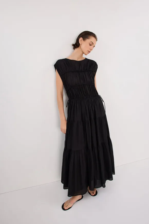 FLYNN BLACK LINEN BLEND MIDI DRESS