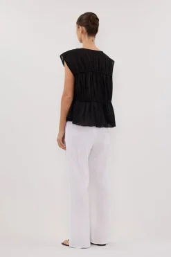 FLYNN BLACK LINEN TIERED TOP