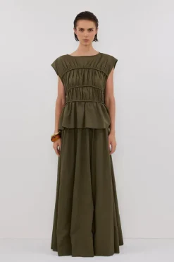 FLYNN OLIVE LINEN BLEND TIERED TOP