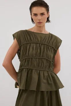 FLYNN OLIVE LINEN BLEND TIERED TOP