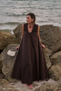 GABBY BITTER CHOC COTTON MIDI DRESS