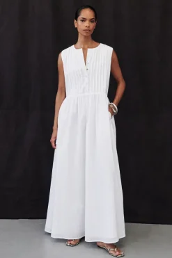 LARS WHITE PINTUCK LINEN MIDI DRESS