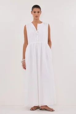 LARS WHITE PINTUCK LINEN MIDI DRESS
