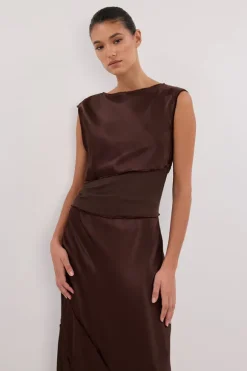MONICA BITTER CHOCOLATE SATIN MIDI DRESS
