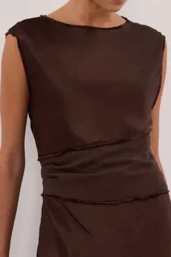 MONICA BITTER CHOCOLATE SATIN MIDI DRESS