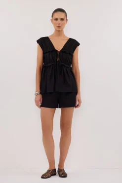 QUINN BLACK LINEN RUFFLE TOP