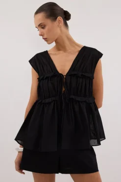 QUINN BLACK LINEN RUFFLE TOP