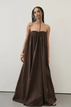 ROISIN BITTER CHOC COTTON STRAPLESS MAXI DRESS