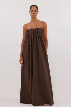 ROISIN BITTER CHOC COTTON STRAPLESS MAXI DRESS