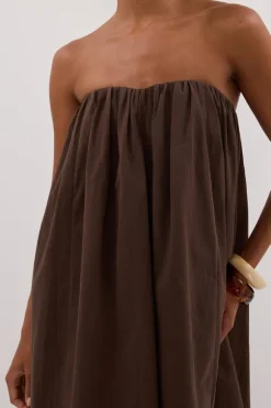 ROISIN BITTER CHOC COTTON STRAPLESS MAXI DRESS