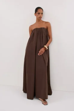 ROISIN BITTER CHOC COTTON STRAPLESS MAXI DRESS