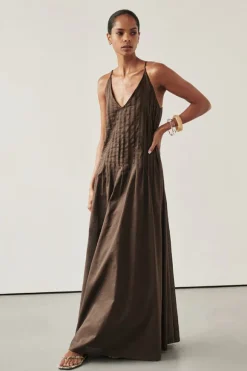 TAHLIA BITTER CHOC LINEN BLEND MIDI DRESS