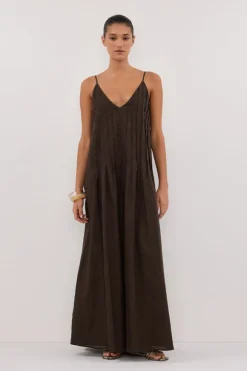 TAHLIA BITTER CHOC LINEN BLEND MIDI DRESS