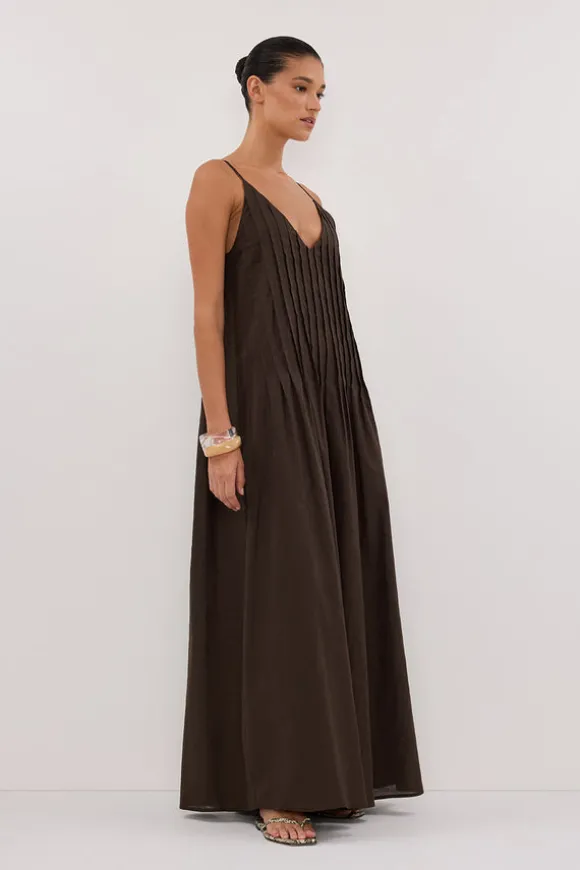 TAHLIA BITTER CHOC LINEN BLEND MIDI DRESS